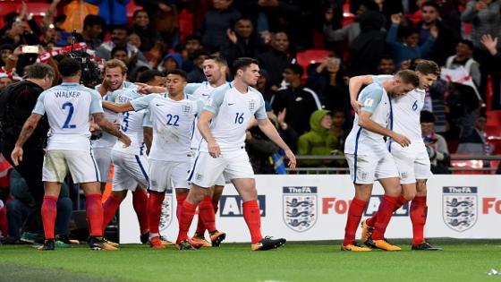 LONDON, UNITED KINGDOM - OCTOBER 05: Players of England celebrate after scoring a goal during the 2018 FIFA World Cup European Qualification football match between England and Slovenia at Wembley Stadium in London, United Kingdom on October 05, 2017. (Photo by Kate Green/Anadolu Agency/Getty Images)
